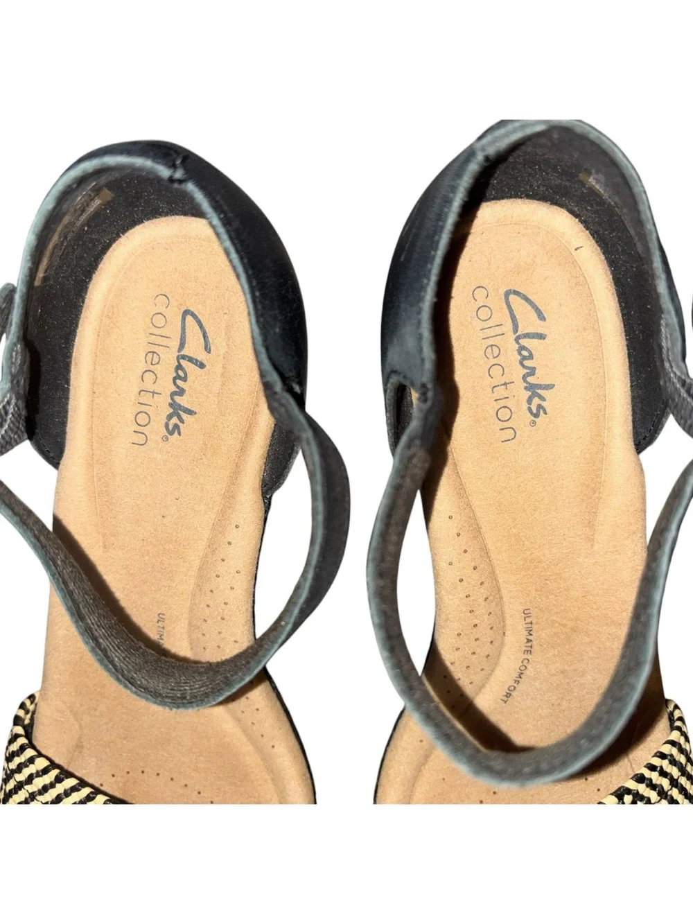Clarks Collection Rose Ease Black Leather Ankle Strap Wedges Size 9
